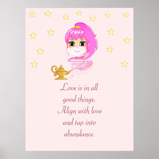 Cute Genie Tecknad & Abundance Quote på Ro Guld Poster (Framsidan)