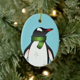 Cute Gentoo Penguin med en Grönt Scarf på Blue Julgransprydnad Keramik