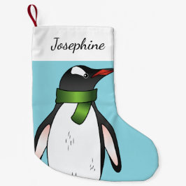 Cute Gentoo Penguin med en Grönt Scarf på Blue Liten Julstrumpa