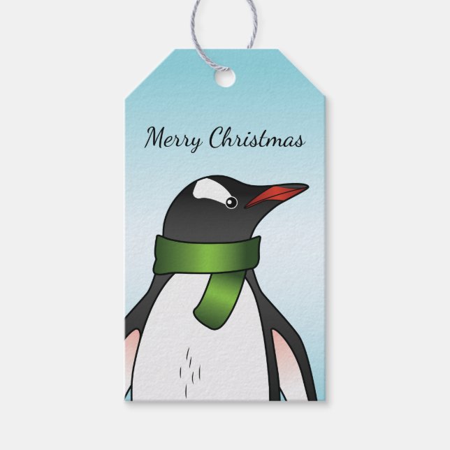 Cute Gentoo Penguin med en Grönt Scarf på Blue Presentetikett (Framsidan)