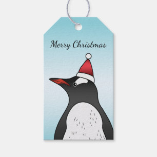 Cute Gentoo Penguin som bar en tomhat på blå Presentetikett