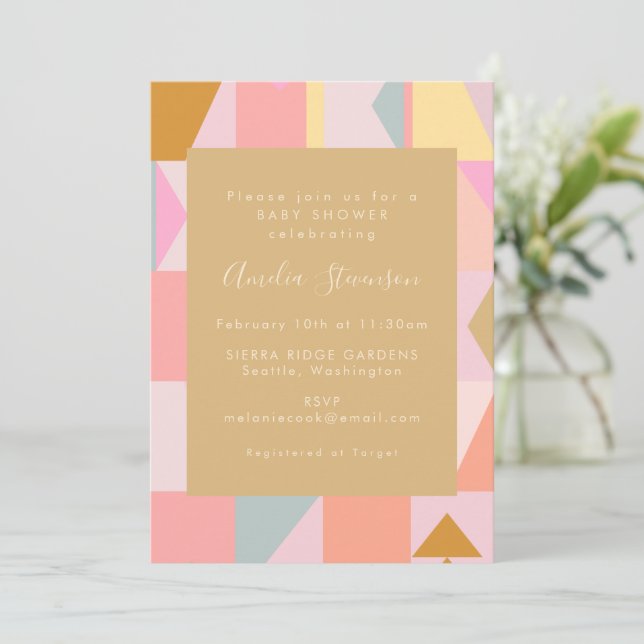 Cute Geometric Pastel Rosa Guld Baby Shower Inbjudningar (Stående Fram)