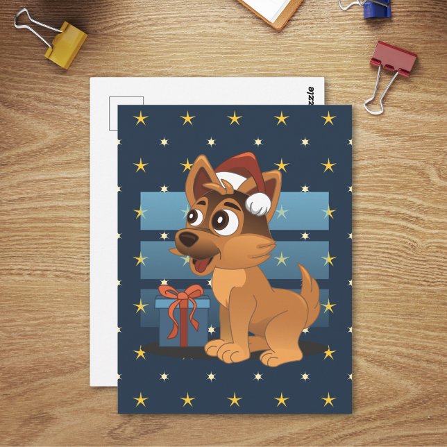 Cute German Shepherd Cartoon Starry night Vykort (Skapare uppladdad)