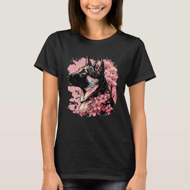 Cute German Shepherd Cherry Blommar Hund Japanska T Shirt (Framsida)