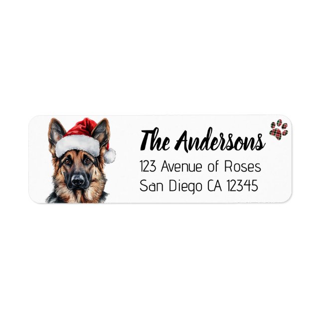 Cute German Shepherd Dog with Santa Hat Returadress Etikett (Framsidan)