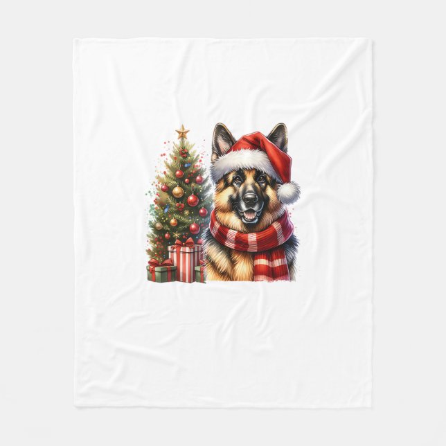 Cute German Shepherd Hund Santa Hat Julgran Fleecefilt (Framsidan)