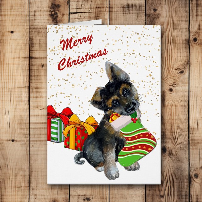 Cute German Shepherd Puppy and Stocking Hälsningskort (Skapare uppladdad)