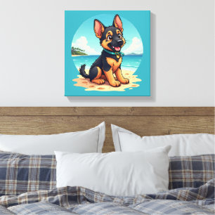 Cute German Shepherd Puppy Beach Illustration Canvastryck