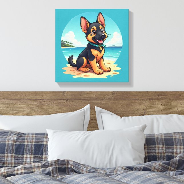 Cute German Shepherd Puppy Beach Illustration Canvastryck (Insitu (sovrum))