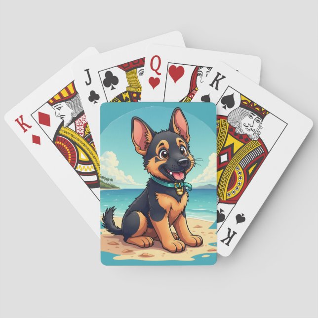 Cute German Shepherd Puppy Beach Illustration Casinokort (Baksidan)