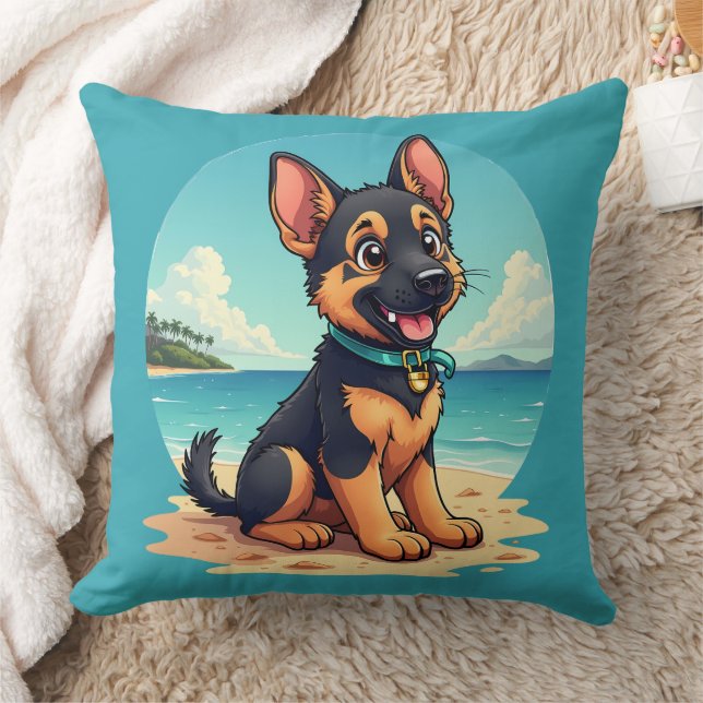 Cute German Shepherd Puppy Beach Illustration Kudde (Filt)