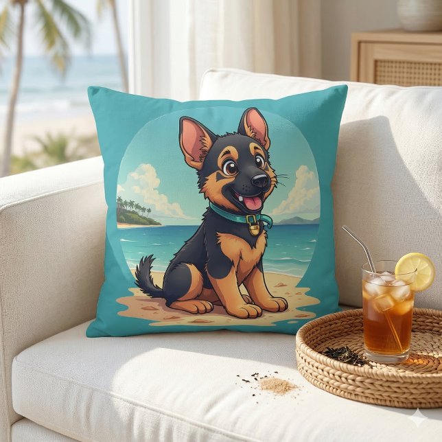 Cute German Shepherd Puppy Beach Illustration Kudde (Cute German Shepherd Puppy Beach Illustration Throw Pillow Mockup A)