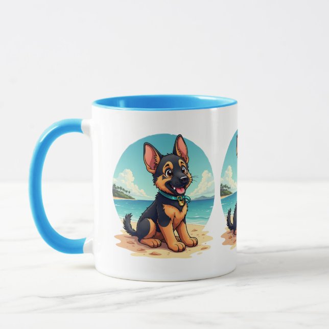 Cute German Shepherd Puppy Beach Illustration Mugg (Vänster)
