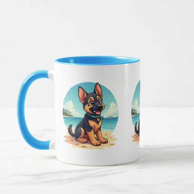 Cute German Shepherd Puppy Beach Illustration Mugg (Vänster)