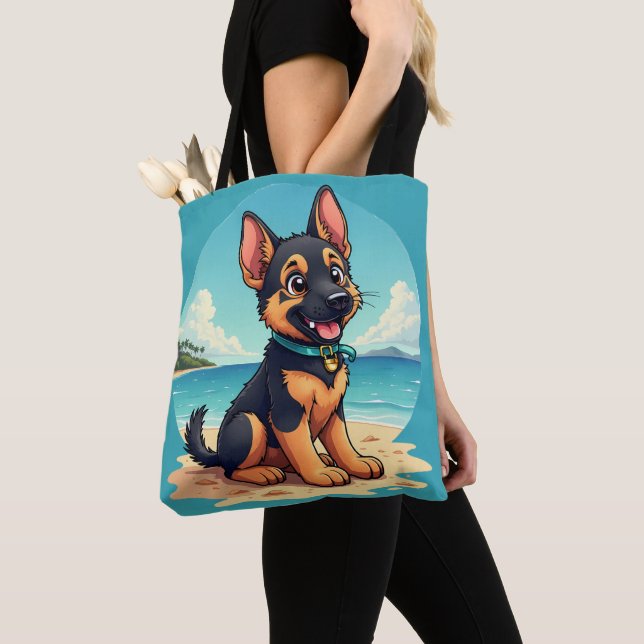 Cute German Shepherd Puppy Beach Illustration Tygkasse (Närbild)