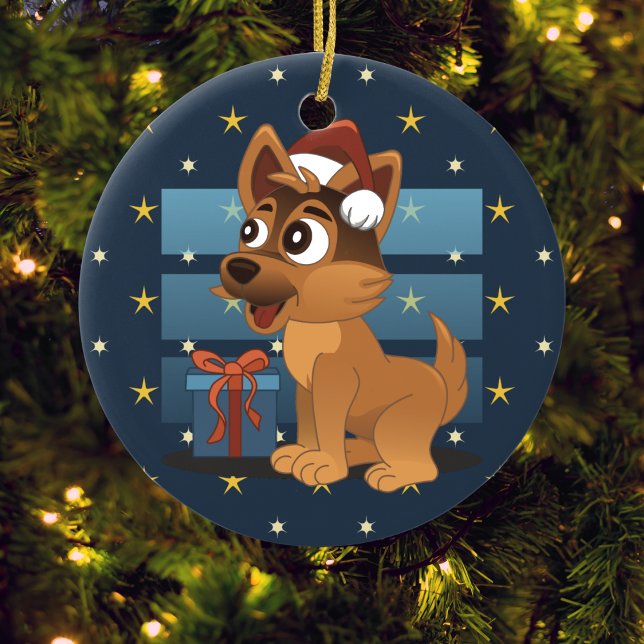 Cute German Shepherd puppy Cartoon Starry night Julgransprydnad Keramik (Skapare uppladdad)