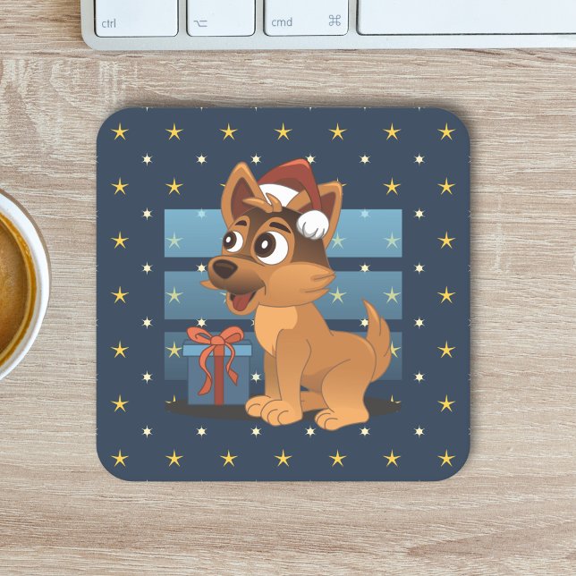Cute German Shepherd puppy Cartoon Starry night Underlägg Papper Kvadrat (Skapare uppladdad)