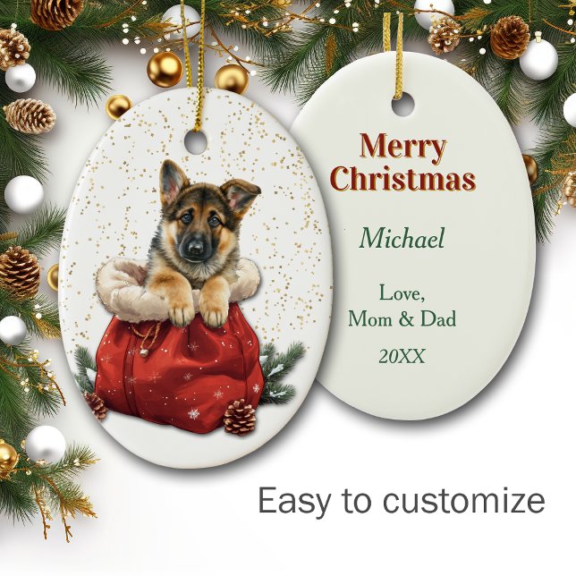Cute German Shepherd Puppy jul Gift Bag Julgransprydnad Keramik (Skapare uppladdad)