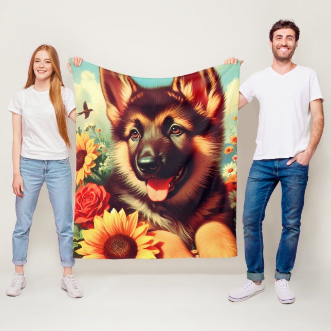 Cute German Shepherd Puppy Painting Fleecefilt (På plats)