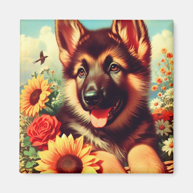 Cute German Shepherd Puppy Painting Magnet (Framsidan)