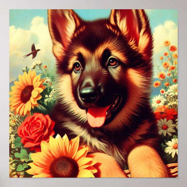 Cute German Shepherd Puppy Painting Poster (Framsidan)