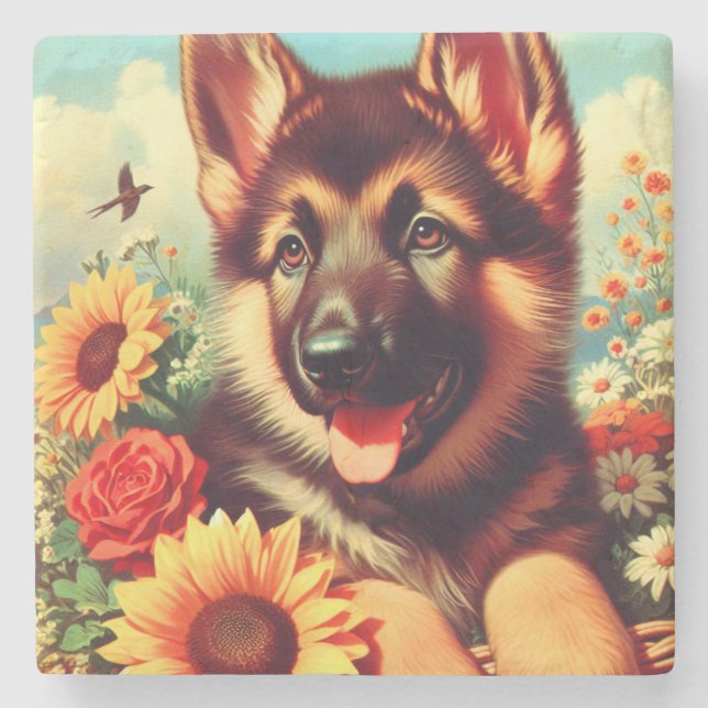Cute German Shepherd Puppy Painting Stenunderlägg (Framsidan)