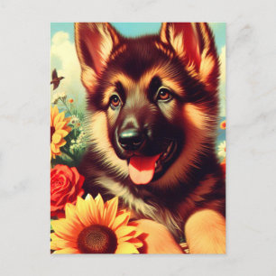 Cute German Shepherd Puppy Painting Vykort