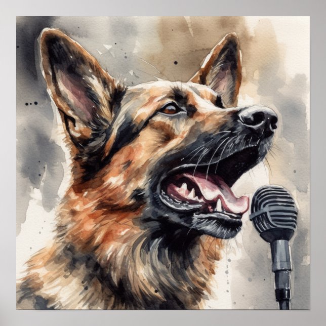 Cute German Shepherd singel through microphone Poster (Framsidan)