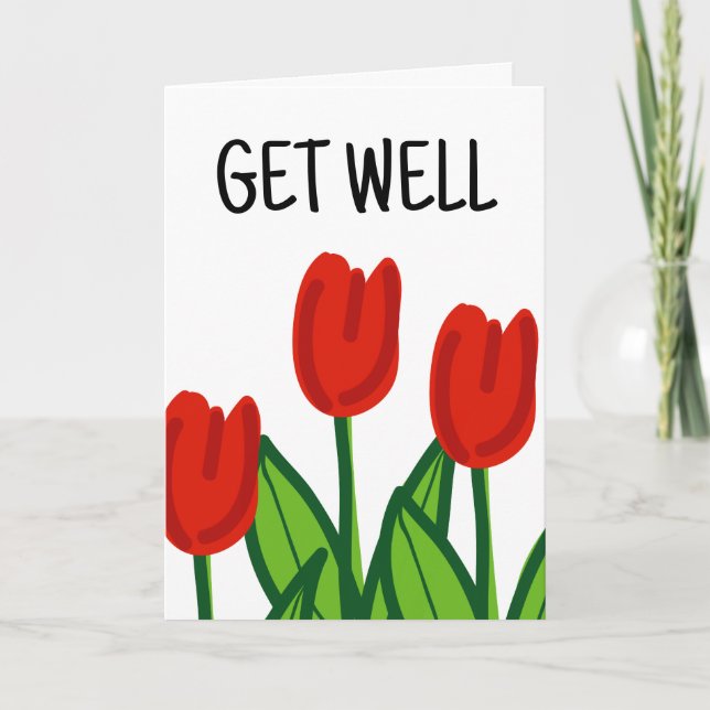 Cute Get well card med röda tulpaner teckning Kort (Framsida)