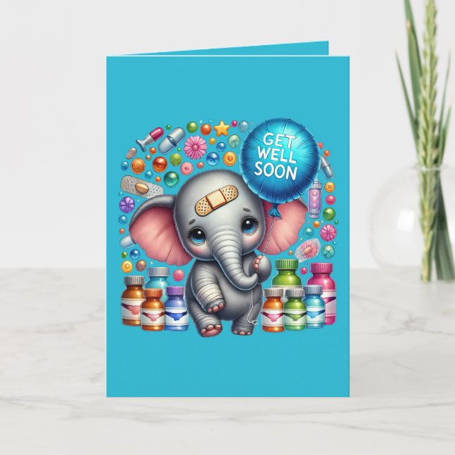 Cute get well soon elephant add message  kort (Framsida)
