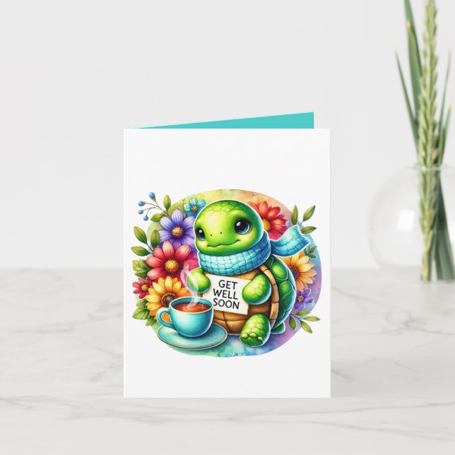 Cute get well soon turtle add message  kort (Framsida)