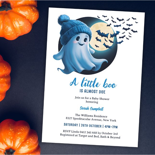 Cute Ghost A Little Boo Halloween Boy Shower Inbjudningar (Cute Ghost A Little Boo Is Almost Due Blue Halloween-Themed Boy Baby Shower Invitation)
