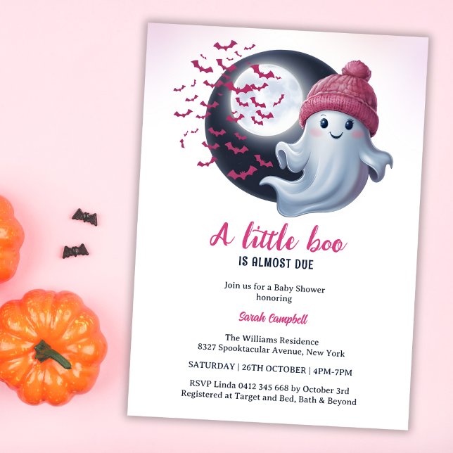 Cute Ghost A Little Boo Halloween Girl Baby Shower Inbjudningar (Cute Ghost A Little Boo Is Almost Due Halloween-Themed Pink Girl Baby Shower Invitation)