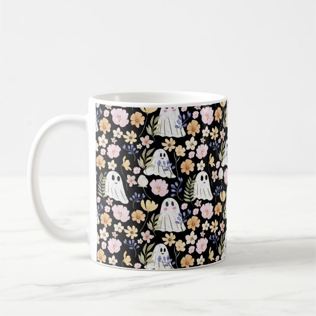 Cute Ghost And Colorful Flowers Seamless Pattern Kaffemugg (Vänster)
