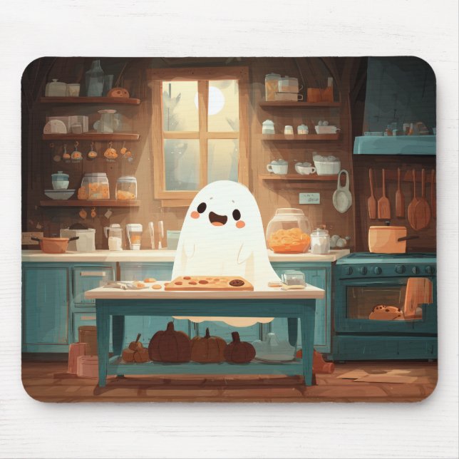 Cute Ghost Baking Cookies - Mysigt Spooky Mousepad Musmatta (Framsidan)