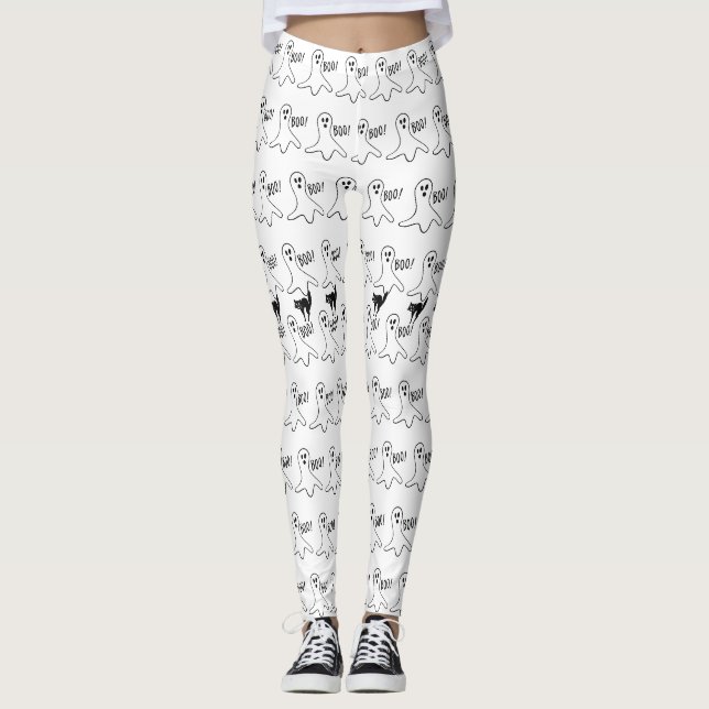 Cute Ghost Black Cat Halloween Leggings (Framsida)