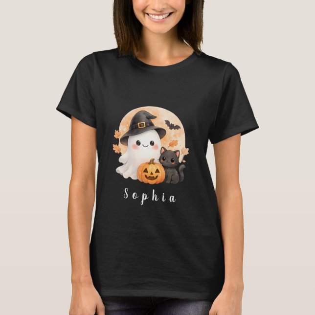 Cute Ghost & Black Cat Halloween Women's T-Shirt (Framsida)