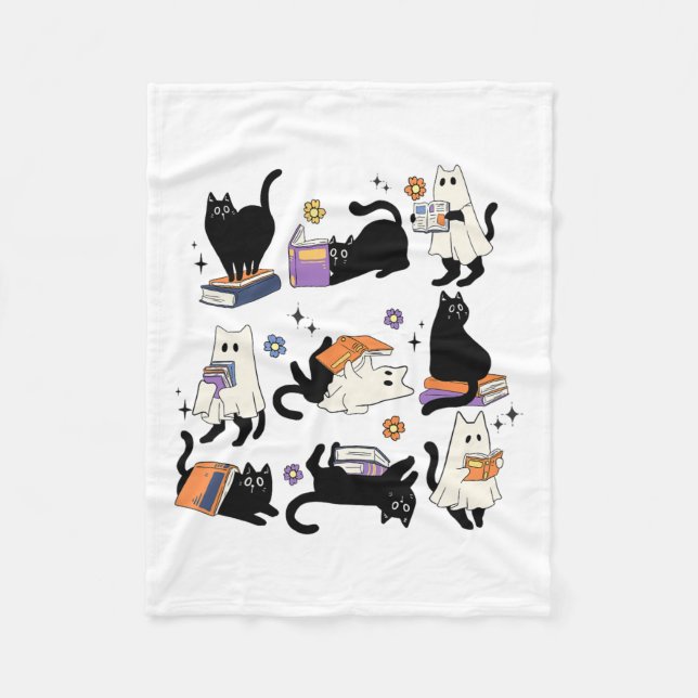 Cute Ghost Black Cat Reading Bokar Spooky Hallowee Fleecefilt (Framsidan)