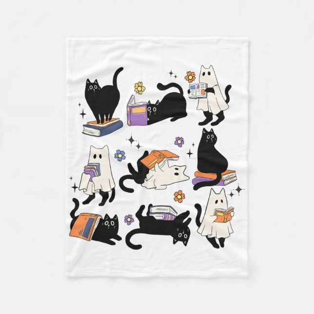 Cute Ghost Black Cat Reading Bokar Spooky Hallowee Fleecefilt (Framsidan)