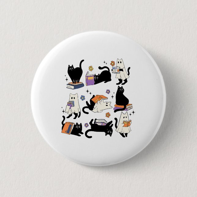 Cute Ghost Black Cat Reading Bokar Spooky Hallowee Knapp (Framsida)