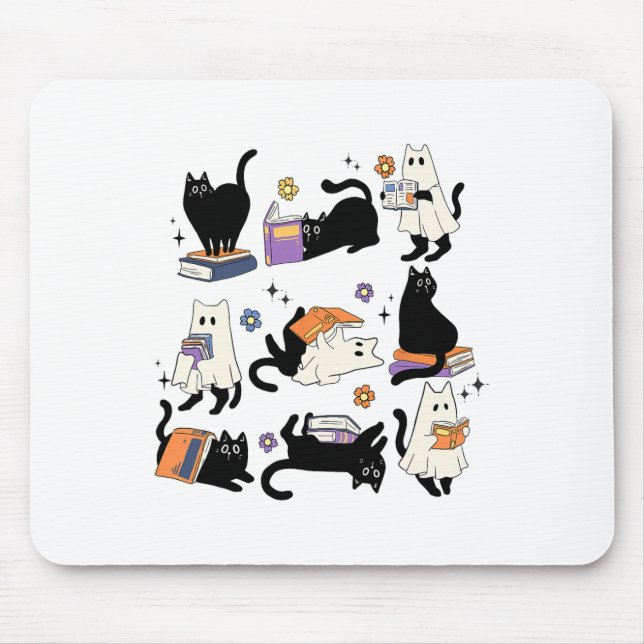 Cute Ghost Black Cat Reading Bokar Spooky Hallowee Musmatta (Framsidan)