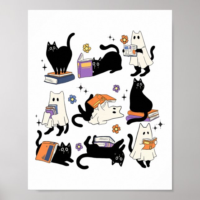 Cute Ghost Black Cat Reading Bokar Spooky Hallowee Poster (Framsidan)