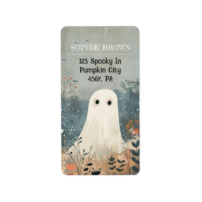Cute Ghost bland Flowers Halloween Adress Adressetikett (Framsidan)