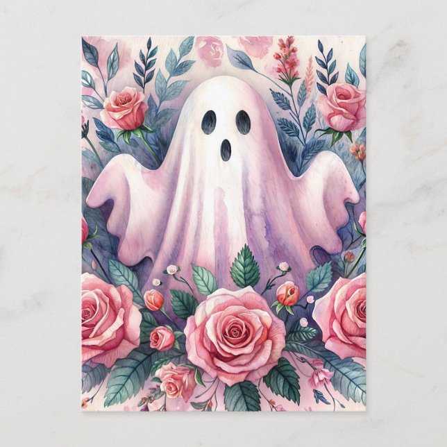 Cute Ghost bland Rosa ros Vykort (Framsida)