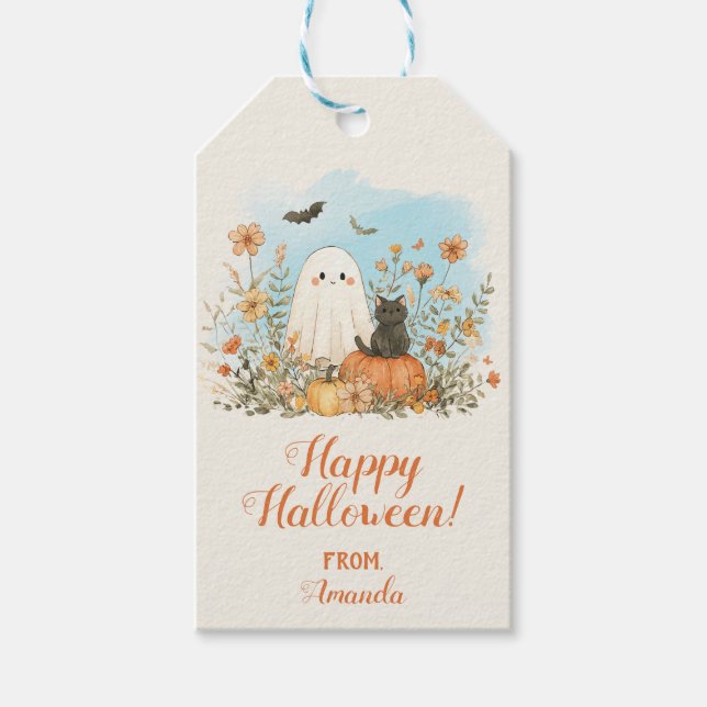 Cute Ghost Blommigt Happy halloween Presentetikett (Framsidan)