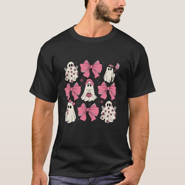 Cute Ghost Blommigt Rosa Coquette Bow Spooky HallS T Shirt (Framsida)