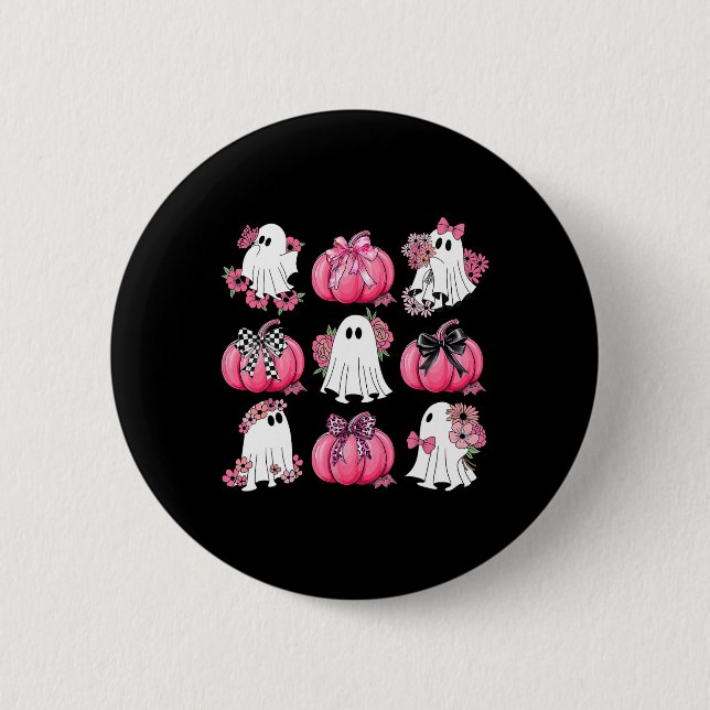 Cute Ghost Blommigt Rosa Coquette Bows Pumpkins Ha Knapp (Framsida)
