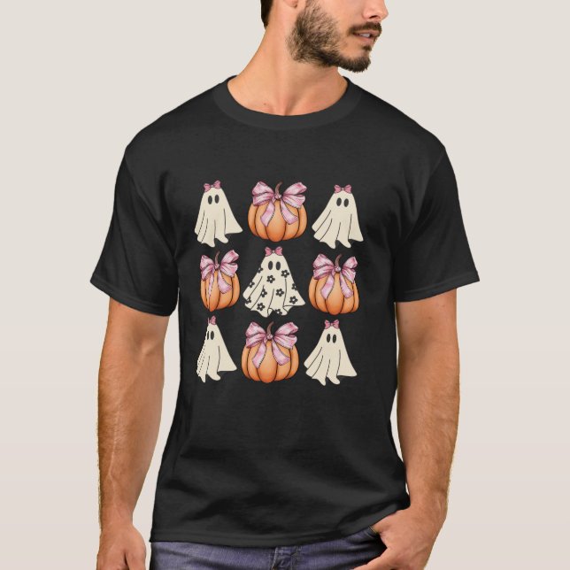 Cute Ghost Blommigt Rosa Coquette Bows Pumpkins Ha T Shirt (Framsida)