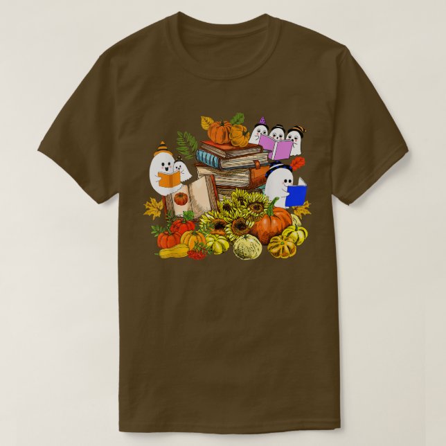 Cute Ghost Bok Reading Älskare Pumpkins Solros H T Shirt (Design framsida)