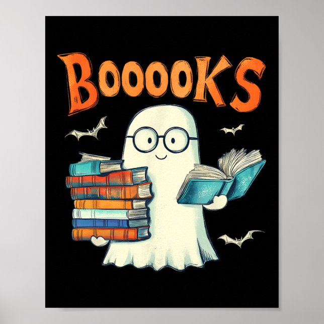 Cute Ghost Bok Reading Boooks Halloween Teacher Poster (Framsidan)